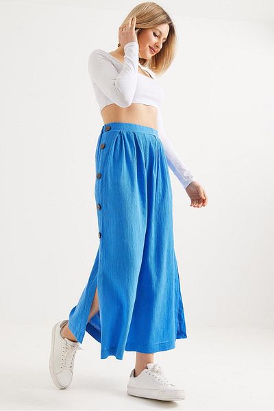 CALİENTE Loose Cut Linen Trousers with Buttons on the Sides Blue