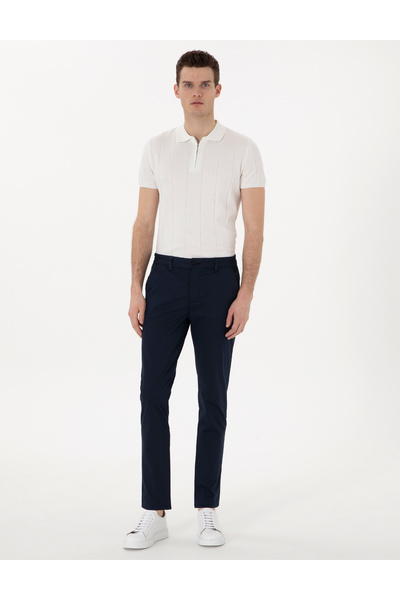 Pierre Cardin Navy Blue Slim Fit Elastic Waist Canvas Trousers 50301759-Vr033