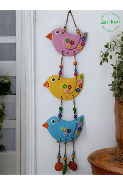 Gobo 3'lü El Boyaması Dekoratif Kuş Duvar ve Balkon Süsü–Boncuklu & İpli-Fark...