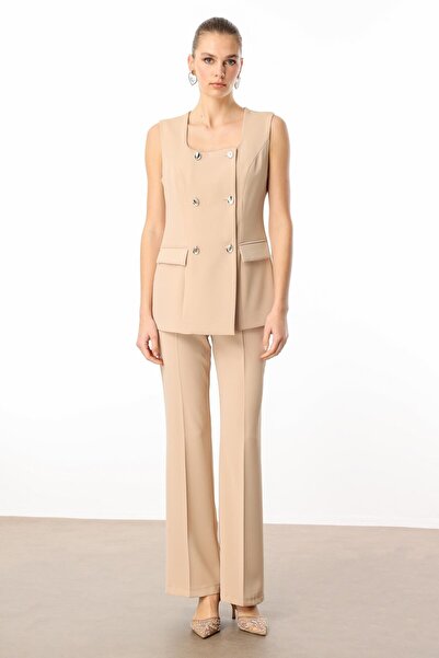 Moda İlgi Modailgi Çift Düğme Detaylı Kare Yaka Uzun Yelek - 4139 Taş