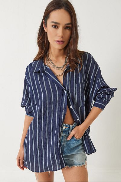 Bianco Lucci Gestreiftes Damen-Taschenhemd aus Modal in Übergröße 2258 60284002