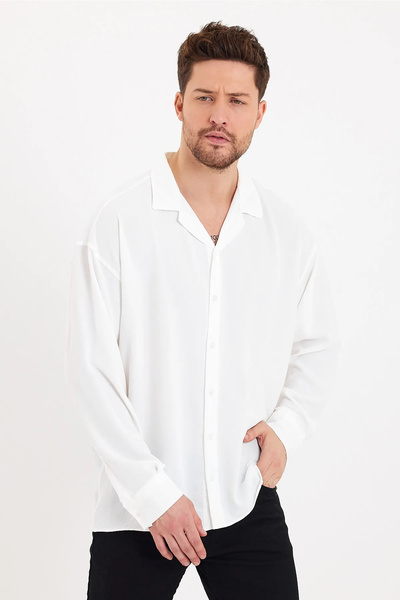 NO1 KONSEPT Λευκό Loose Fit Aerobin με υφή μακρυμάνικο ανδρικό πουκάμισο