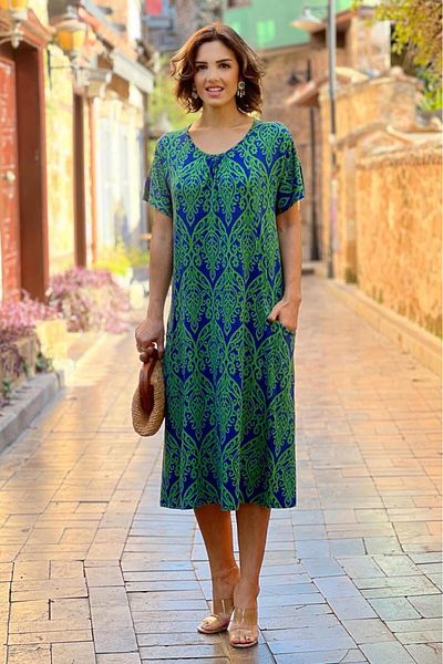 Nevin Kaya Moda Rochie din bumbac din bumbac pieptănat cu buzunar dublu cu model albastru verde