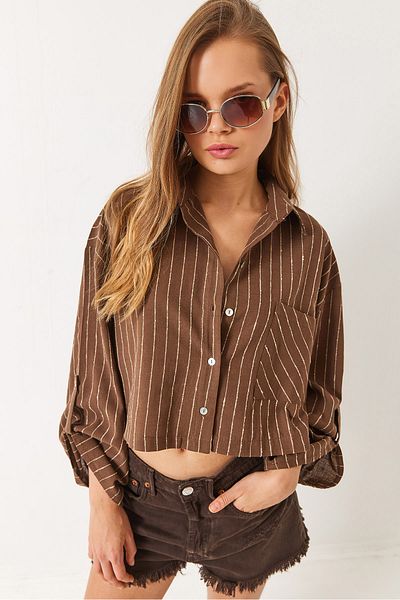 Bianco Lucci Dünnes, gestreiftes Crop-Leinenhemd für Damen 2016 60283008