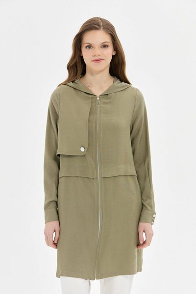 Esswaap Aller Detailed Hooded Zipper Closure Wear Out Tunic Khaki