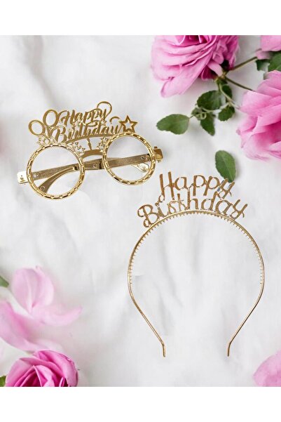 Parti Adresi Happy Birthday Taç Gözlük Set Doğum Günü Parti Aksesuarı Gold