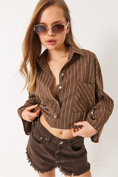 Bianco Lucci Dünnes, gestreiftes Crop-Leinenhemd für Damen 2016 60283008
