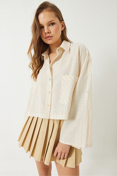 Bianco Lucci Dünnes, gestreiftes Crop-Leinenhemd für Damen 2016 60283008