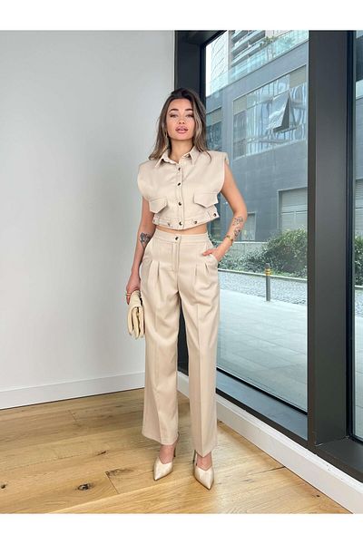 modaçelikler Sleeveless Crop Jacket Collar Detail High Waist Pants Leyn Stone Women's Set 25Y208