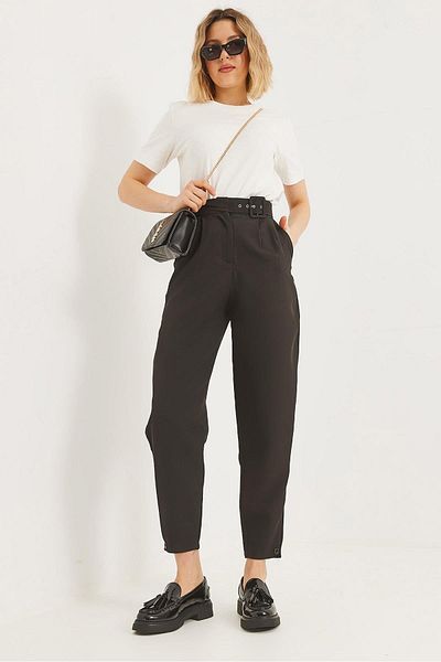 CALİENTE High Waist Belted Fabric Trousers Black