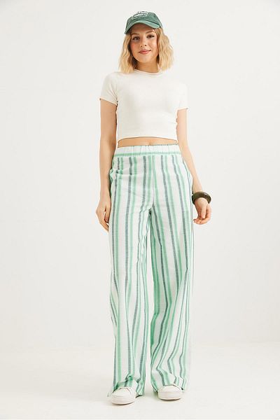 CALİENTE Elastic Waist Relaxed Cut Linen Trousers Green