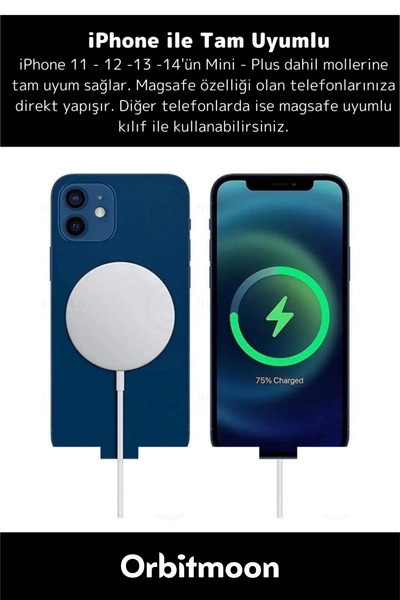 Orbitmoon iPhone 11 12 13 14 15 16 Uyumlu Tam Uyumlu Magsafe KablosuzHızlı Şa...