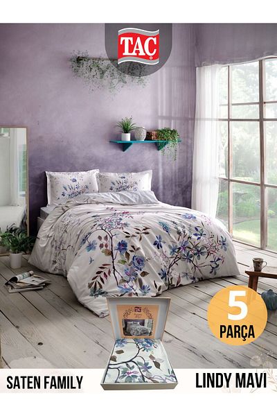 Taç Lindi Blue Family Family Satin Bedding Set Double Shirt 160X220 cm 2 Pcs