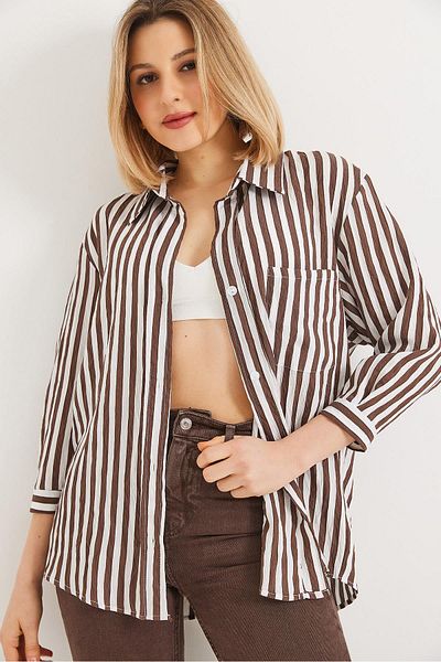 CALİENTE Single Pocket Stripe Patterned Oversize Shirt Brown