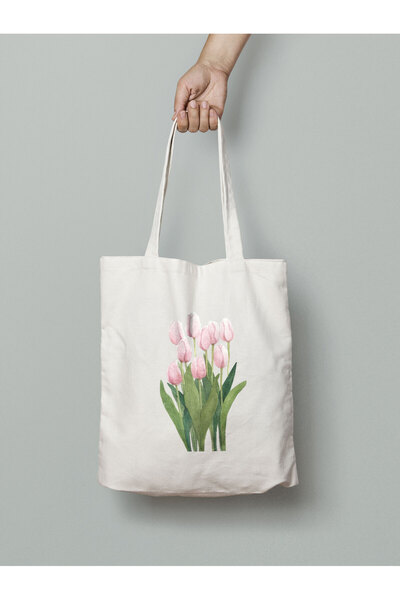 Akumastik Pembe Lale  Desenli Bez Çanta 35x40cm - Tote Bag- Çiçek Desenli ÇANTA