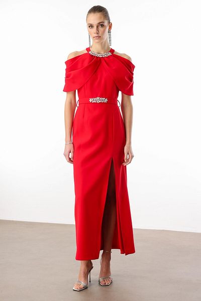 Moda İlgi Red Dress - Collar and Belt Accessory Detailed Modailgi