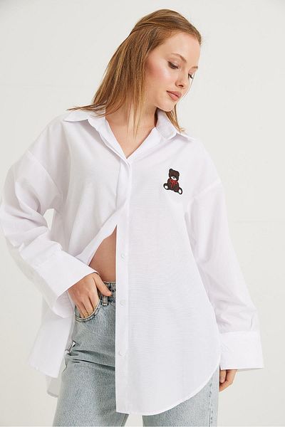 CALİENTE Cămașă de bază oversize brodata cu ursuleț alb