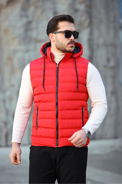 Mero Life Men's Red Standard Fit Detachable Hooded Pocket Zippered Puffer Vest