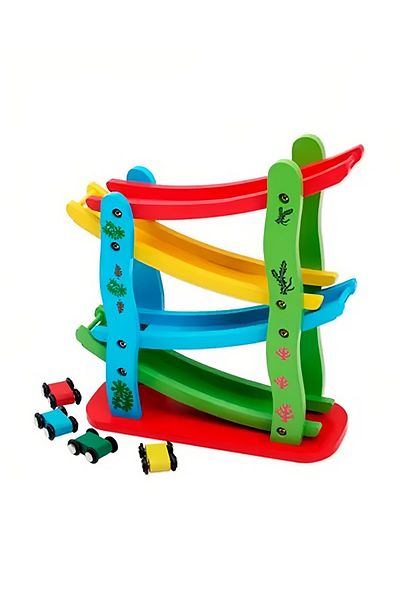 Yelajoy Colourful Wooden Track Race Toy Set,With Sliding Track,4 cars,Smooth Surface and No Burrs,For Kids