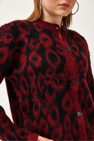 CALİENTE Leopard Pattern Bearded Knitwear Short Cardigan Claret Red