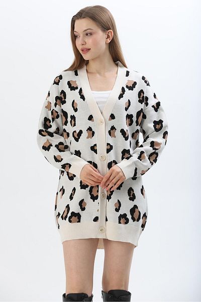 CALİENTE Leopard Pattern Buttoned Cardigan Beige