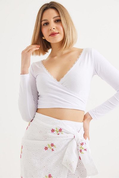 CALİENTE Lace Detailed Double Breasted Crop Blouse White