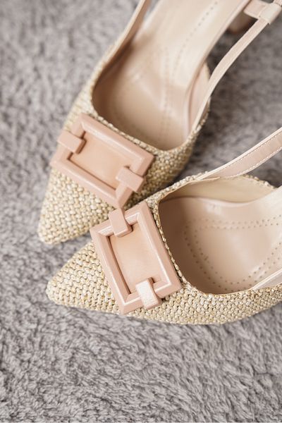 Moda Değirmeni Béžová dámská přezka ze slámy na tenkém podpatku Stylové večerní šaty Ay MD1001-119-0013