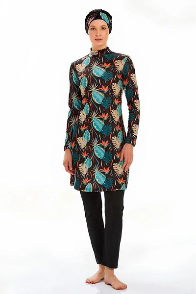 Elit Rozmay Black Orange Pattern Lycra Full Covered Hijab Swimsuit 9209