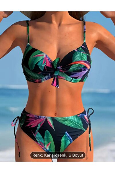 AŞKLA ÇİÇEK DESENLİ HALTER YAKA YÜKSEK BEL  BİKİNİ 2'Lİ TAKIM