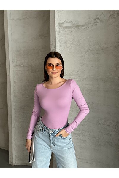 modazoom Γυναικεία μπλούζα με μακρύ μανίκι λιλά με λαιμόκοψη