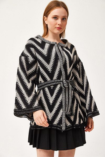 CALİENTE Waist Belted Patterned Knitwear Cardigan Black