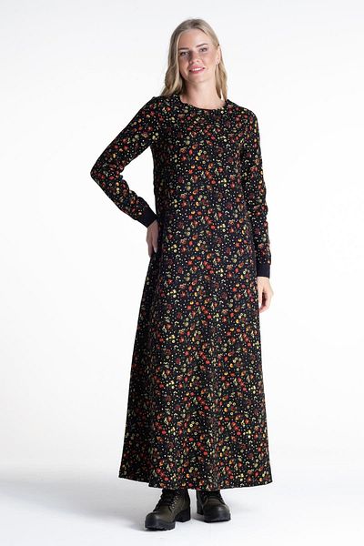 Eliş Şile Bezi Μακρυμάνικο φανελένιο Adel Flower Pattern Μακρύ φόρεμα για το φθινόπωρο και το χειμώνα μαύρο Syh