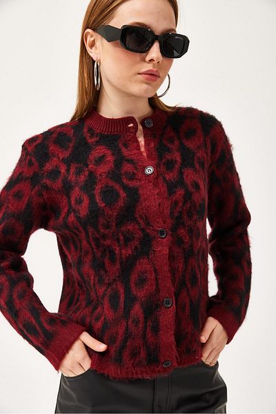 CALİENTE Leopard Pattern Bearded Knitwear Short Cardigan Claret Red