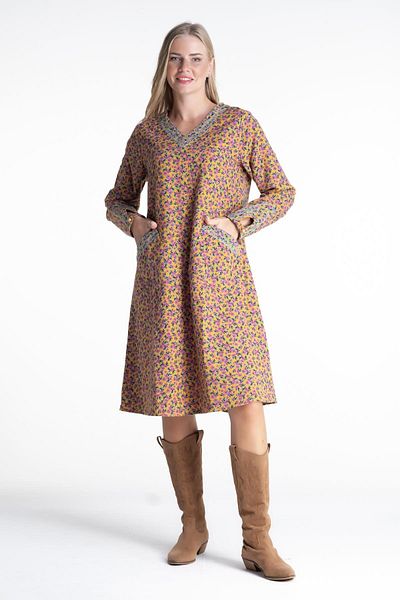 Eliş Şile Bezi Μακρυμάνικο Flannel Lina Flower Pattern Μίντι Φόρεμα Φθινοπώρου και Χειμώνα Mustard Hrd