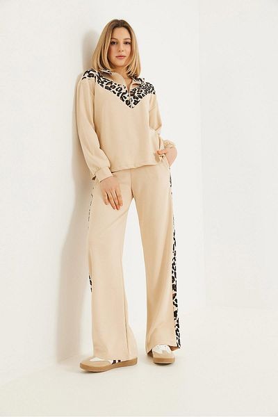 CALİENTE Leopard Garnished Hooded Double Suit Beige