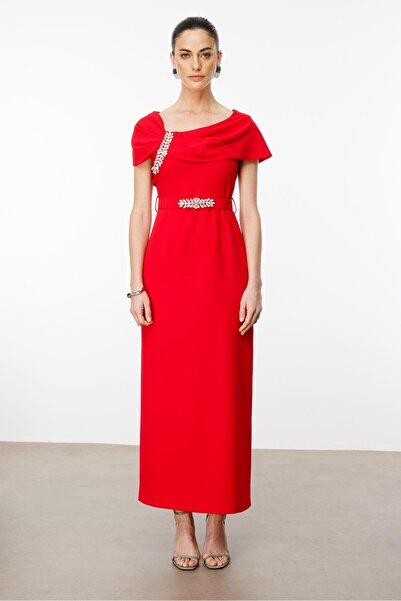 Moda İlgi Modailgi Accessory Detailed Dress Red