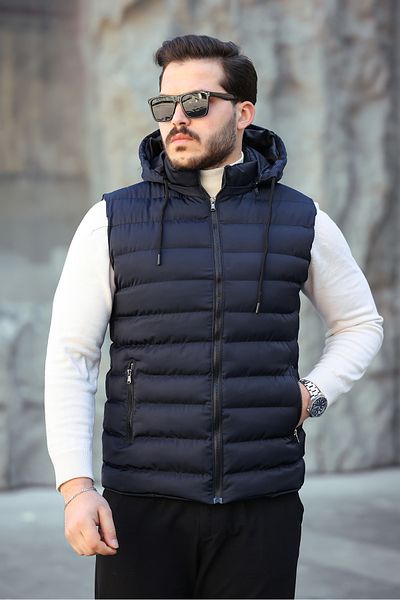 Mero Life Men's Navy Blue Standard Fit Detachable Hooded Zippered Puffer Vest with Pockets
