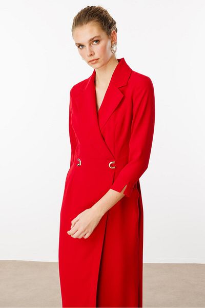 Moda İlgi Red Double Breasted Dress with Pockets - Waist Accessory Modailgi
