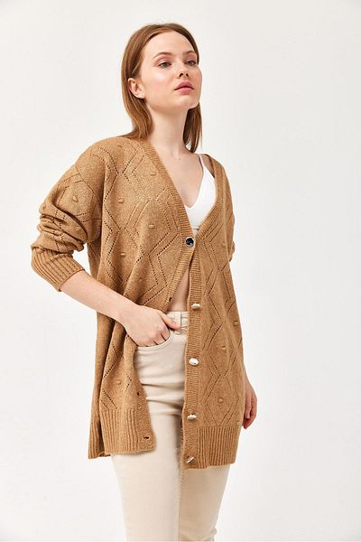 CALİENTE Openwork Metal Buttoned Knitwear Cardigan Mink