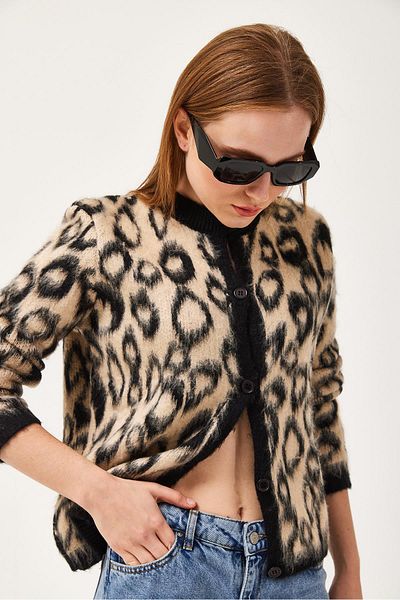 CALİENTE Leopard Pattern Bearded Knitwear Short Cardigan Beige