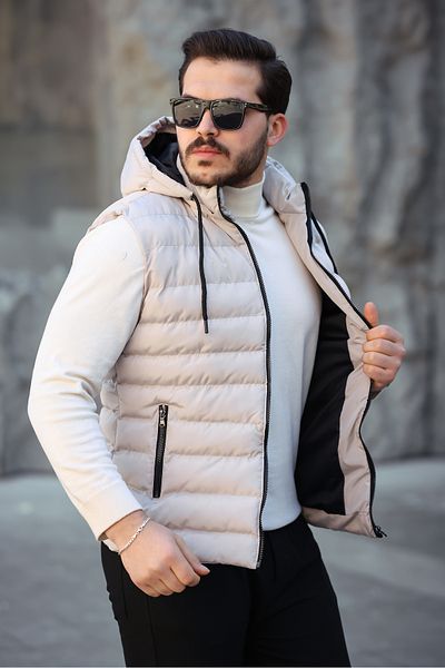 Mero Life Men's Beige Standard Fit Detachable Hooded Zippered Puffer Vest with Pockets