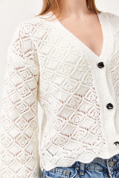 CALİENTE Balloon Sleeve Knitted Patterned Crop Knitwear Cardigan White