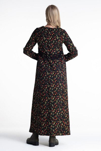 Eliş Şile Bezi Μακρυμάνικο φανελένιο Adel Flower Pattern Μακρύ φόρεμα για το φθινόπωρο και το χειμώνα μαύρο Syh