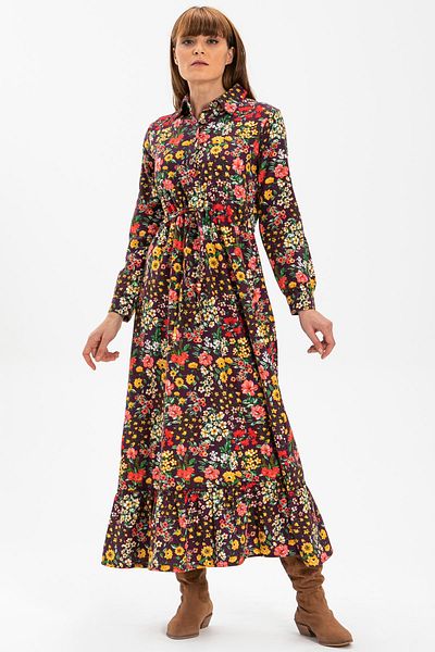 Eliş Şile Bezi Μακρυμάνικο Rosequin Flannel Μακρύ Φθινοπωρινό και Χειμερινό Φόρεμα Ανοιξιάτικο Μοτίβο Μωβ Μωβ