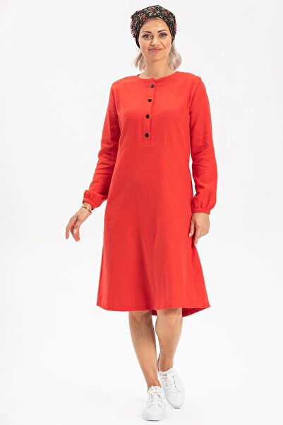 Eliş Şile Bezi Long Sleeve Magnolia Flannel Short Autumn and Winter Dress Red Krmz