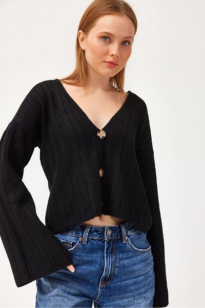 CALİENTE Double Breasted Collar Buttoned Knitwear Cardigan Black
