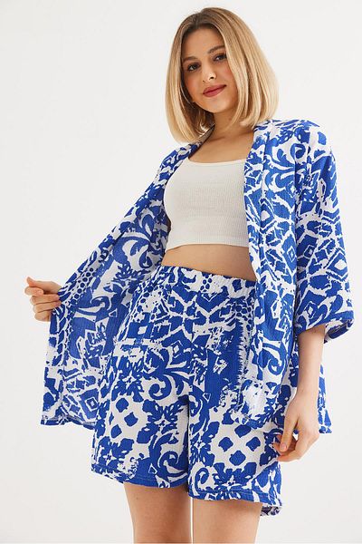 CALİENTE Ethnic Pattern Shorts Double Suit Blue