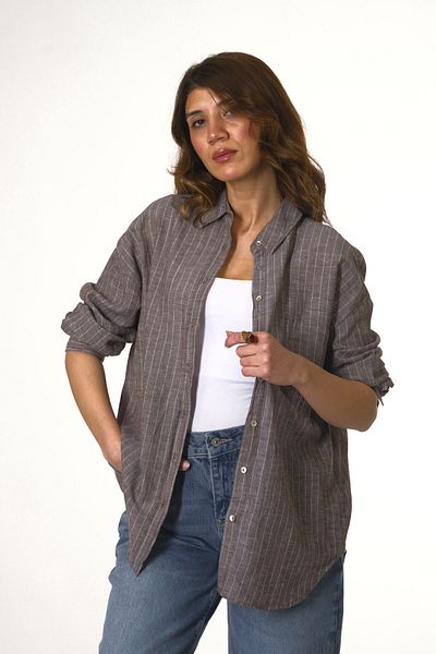 ABBRA Women's Linen Single Pocket Striped Shirt