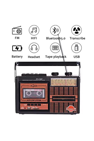 ErginGroup Fp 319BT Bluetooth Hoparlör Retro USB Kart Fm Radyo Kaset Teyp Çalar Playback Pilli Müzik Player