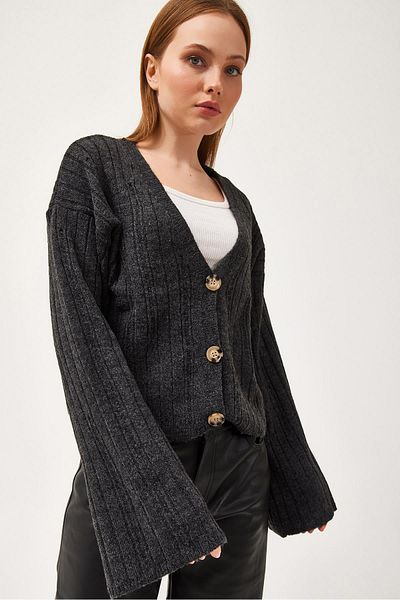 CALİENTE Double Breasted Collar Buttoned Knitwear Cardigan Smoked